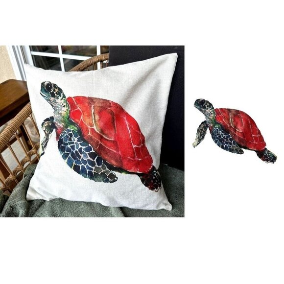 Sea Turtle Crab Throw Pillow Cover Hand Painted Art Deco Chair Beach House READ - Picture 6 of 12